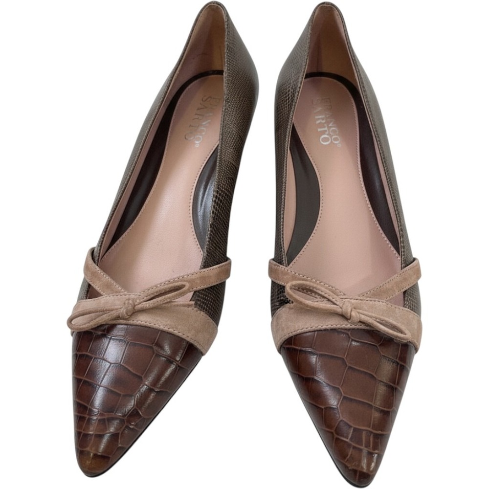 Franco Sarto Brown Embossed Leather Pointed Toe Kitten Heels Bow Size 9M Preppy